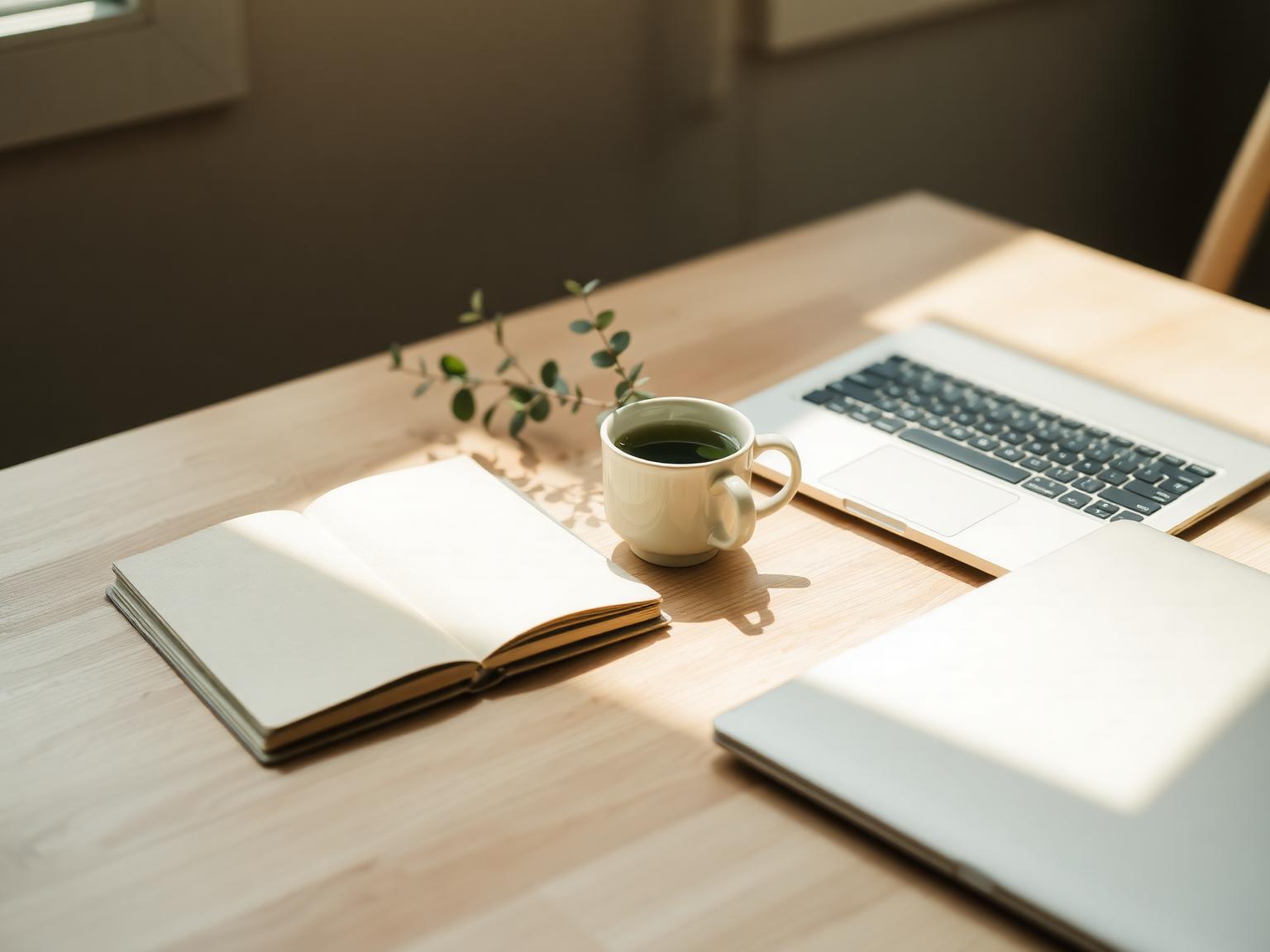 A warm, organized workspace with a notebook, tea, and laptop near a sunlit window